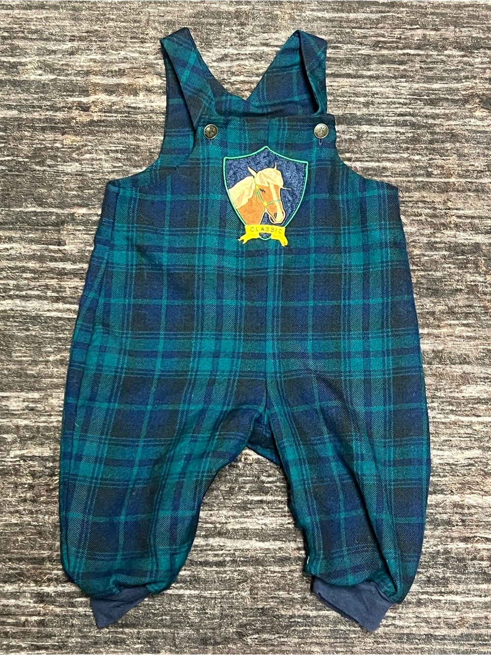 Vintage Plaid Green & Navy Overalls with Horse Applique- 18 months